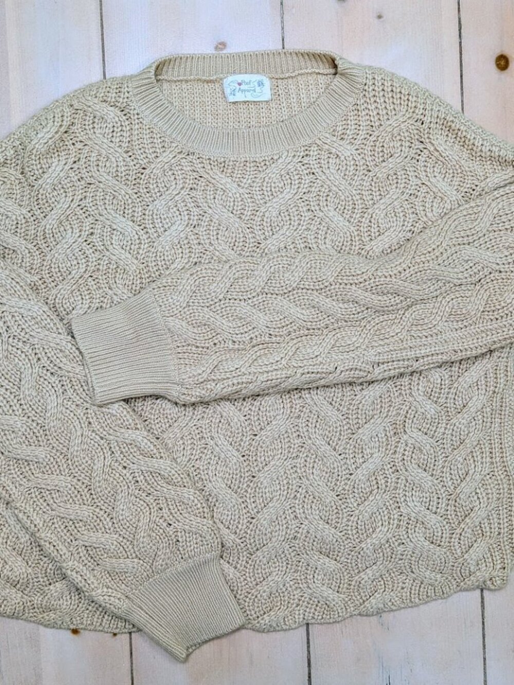 Poof Apparel Cream Cable Knit Chunky Sweater Size L Oversized Fisherman